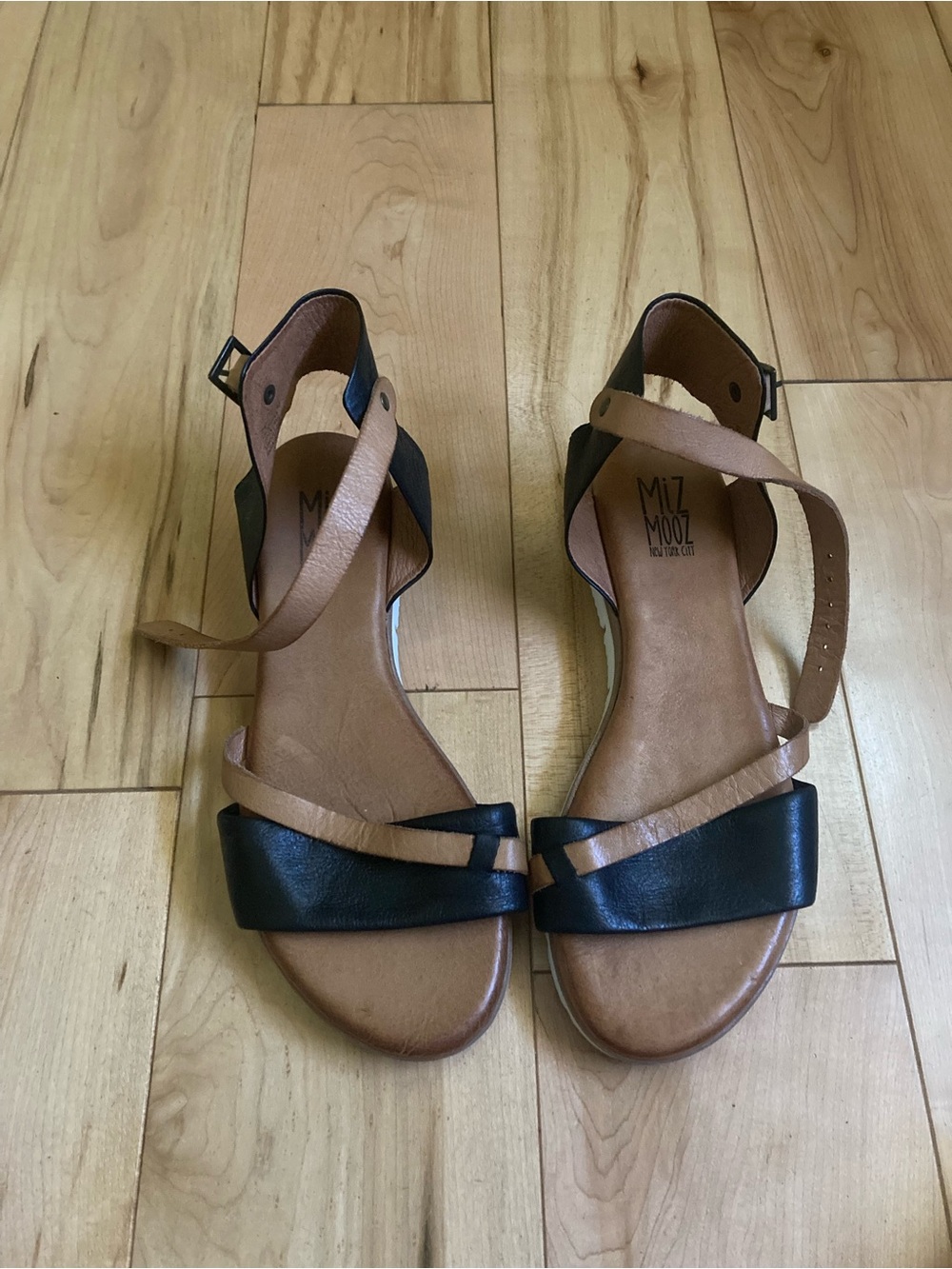 Miz Mooz Two-Tone Black and Tan Strappy Leather Sandals